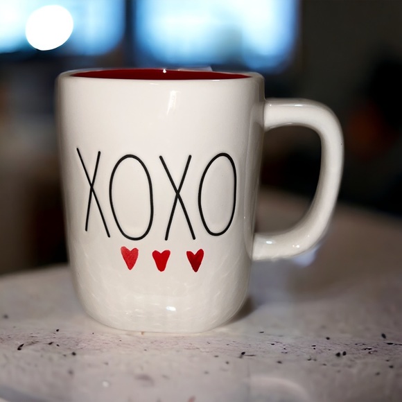 Rae Dunn XOXO Mug With 3 Red Hearts & Red Interior by Magenta and fuzzy socks! - Picture 2 of 3